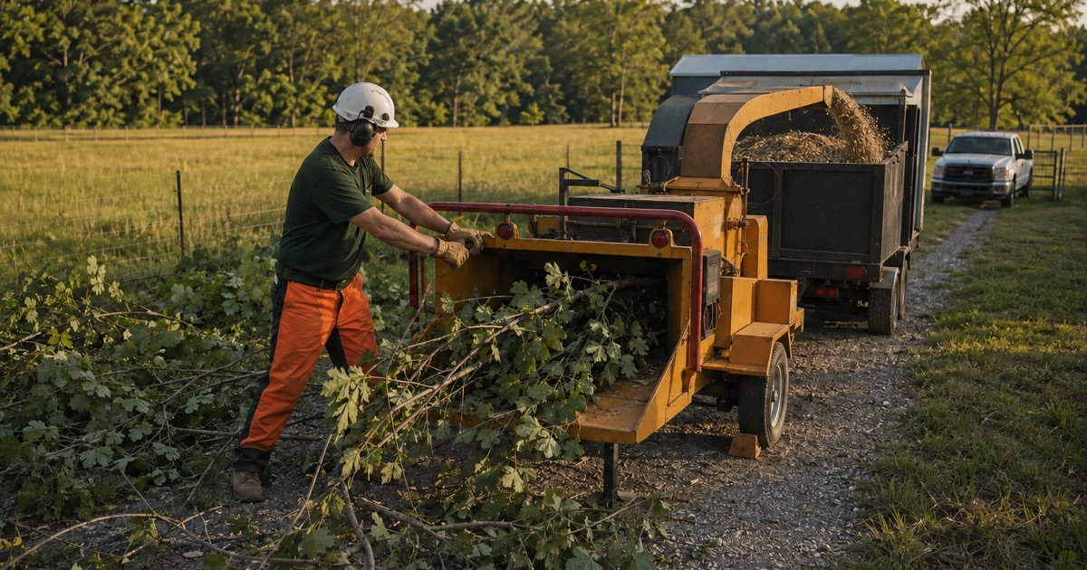Worker feeding tulip poplar limbs into the chipper from the side of the infeed on an acreage job near Spring Hill.