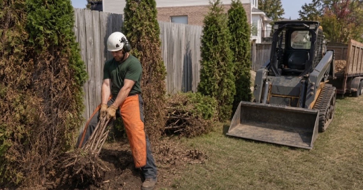 Worker pulling an arborvitae stem cluster out of a failed screen planting in Spring Hill after the tops have been taken off.