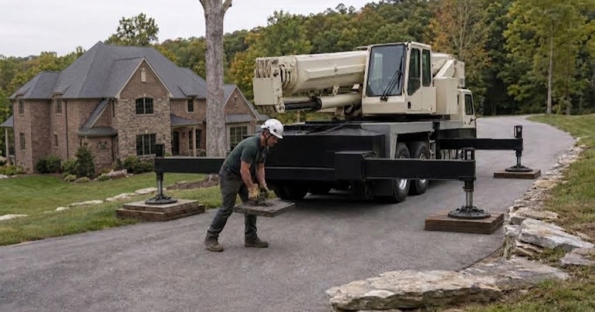 Worker walking an outrigger pad into place on the sloping drive of a Brentwood hillside lot, ledge rock breaking through the turf beside it.