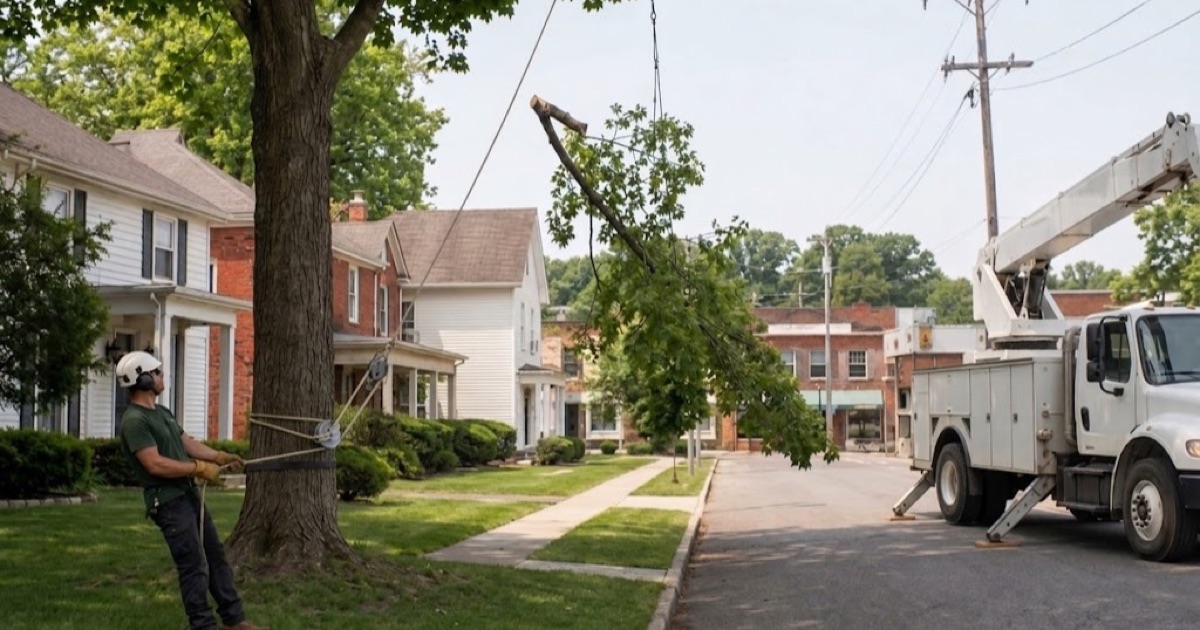 Worker letting a sugar maple limb down on the lowering rope clear of the primary conductors on a manicured Columbia street.