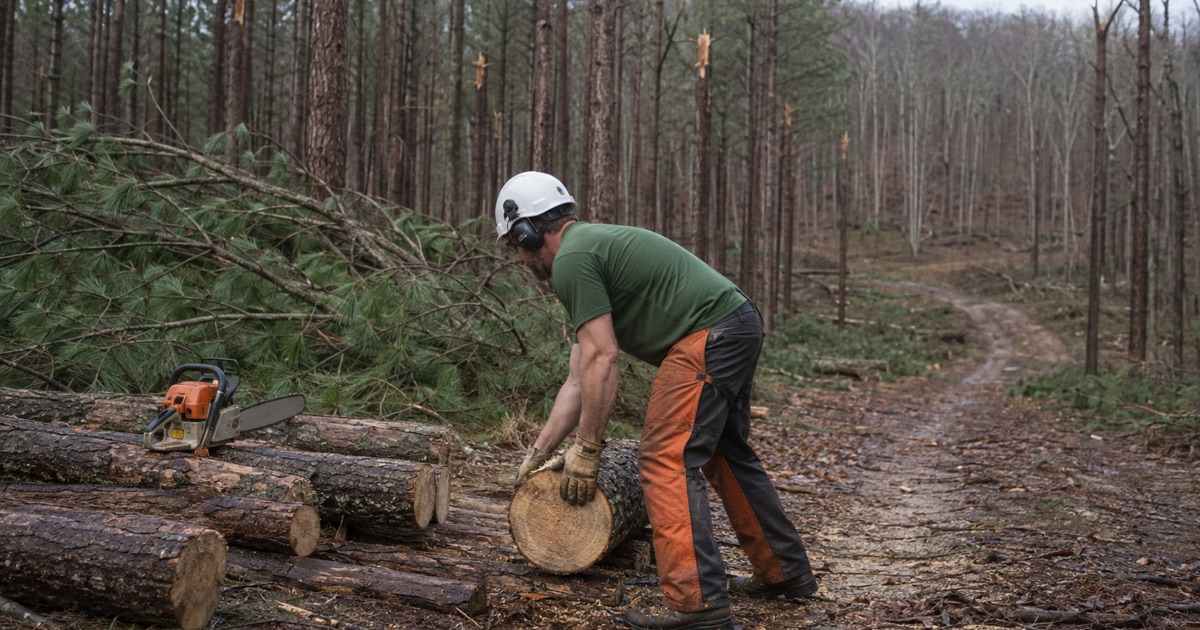 Worker rolling a loblolly cull log off the drag path on a Fairview acreage lot, more of the same-age stand snapped off behind him.