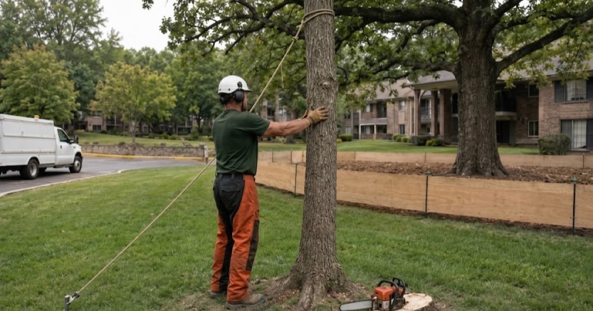 Worker at the spar of a small declining tree beside a retained specimen bur oak on a Franklin apartment lawn, the root zone fenced off.