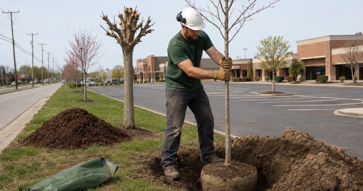 Worker setting a replacement red maple into a La Vergne buffer strip beside the topped tree it replaces.