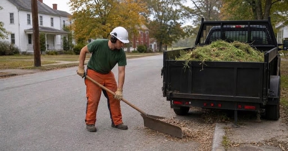 Worker scooping the last chips off a Lewisburg street into the crew’s own chip box, the post oak limb that overhung the road already loaded out.