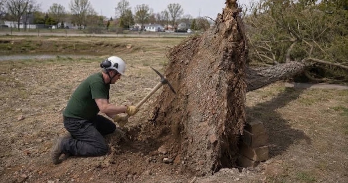 Worker opening the pit wall at a windthrown eastern red cedar on reclaimed Mount Pleasant spoil ground, brick and chert tangled through the root plate.