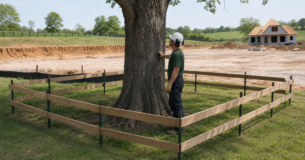 Worker at the bole of a retained hackberry inside its protection fence on a Nolensville construction lot.
