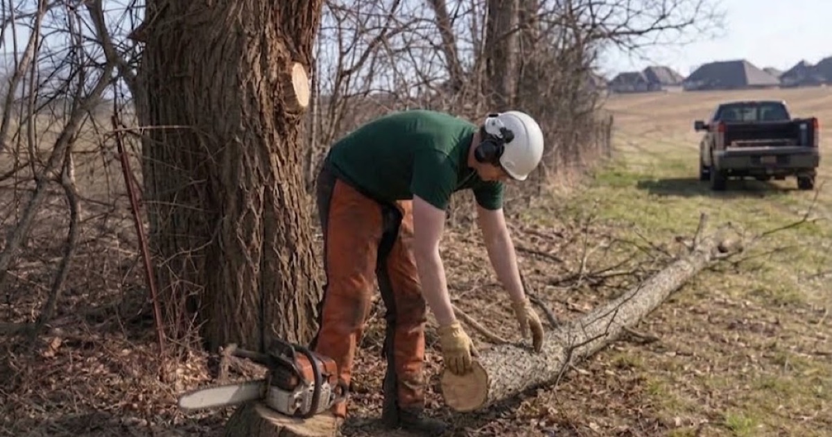 Worker rolling the cut butt of an osage orange limb stopped dead on the property line, the old wire fence grown into the trunk beside him.