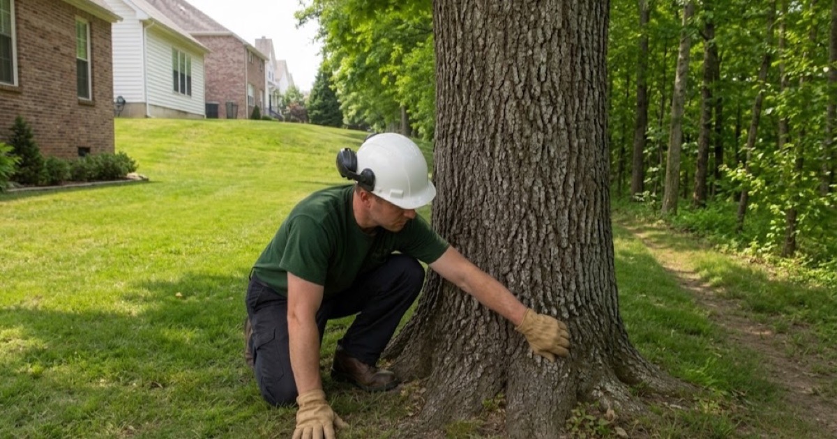 Worker at the root flare of a white oak growing on the line between a Spring Hill back yard and the common strip behind it.