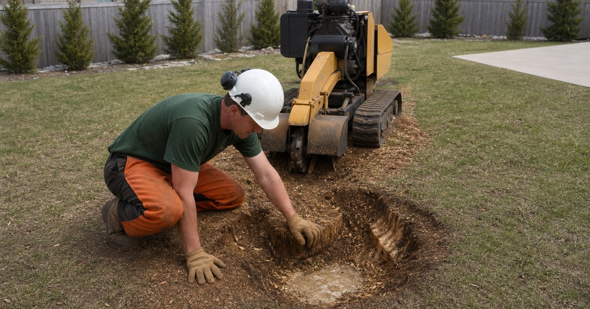Worker at the rim of a half-ground eastern red cedar stump in Smyrna, pale limestone showing in the floor of the hole.