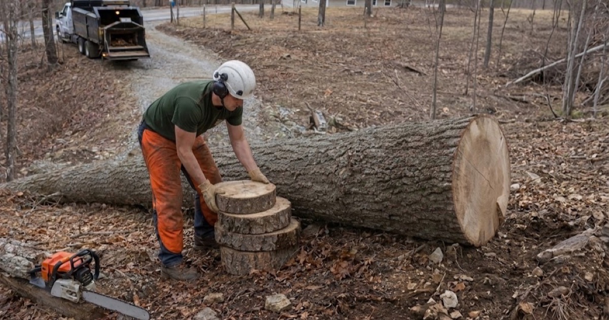 Worker setting a cut round as a crib block under a windthrown chestnut oak in White Bluff, its wide shallow root plate lifted whole.