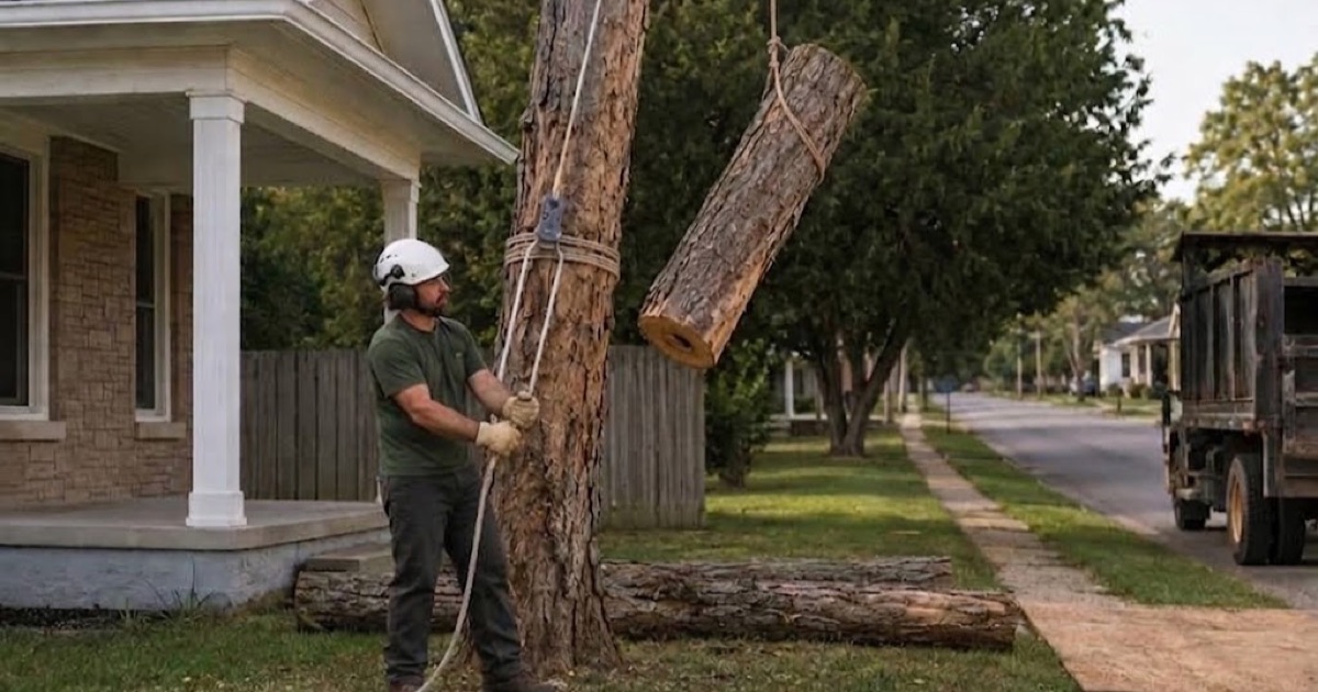 Ground worker with three wraps on the bollard at the base of a dead chinkapin oak in a Murfreesboro front yard, a section coming down clear of the porch.